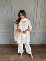 Embroidered mul cotton short Anarkali suit with cotton pants (Aarti)