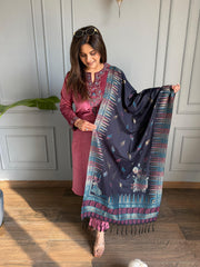 Corduroy velvet suit with printed banarasi dupatta (Gulab)