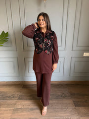 3 Piece jacket embroidered co-ord set (Chocolate)