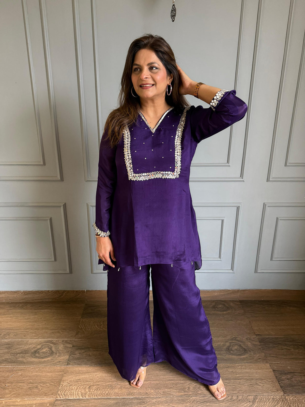 Chinnon chiffon mirror work co-ord set with full lining (Mulmul)