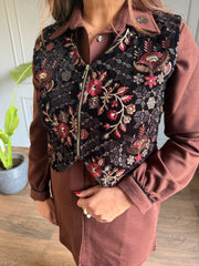 3 Piece jacket embroidered co-ord set (Chocolate)