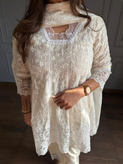 Embroidered mul cotton short Anarkali suit with cotton pants (Aarti)