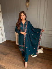Beautiful embroidered 3 piece woollen shawl suit (Lara)