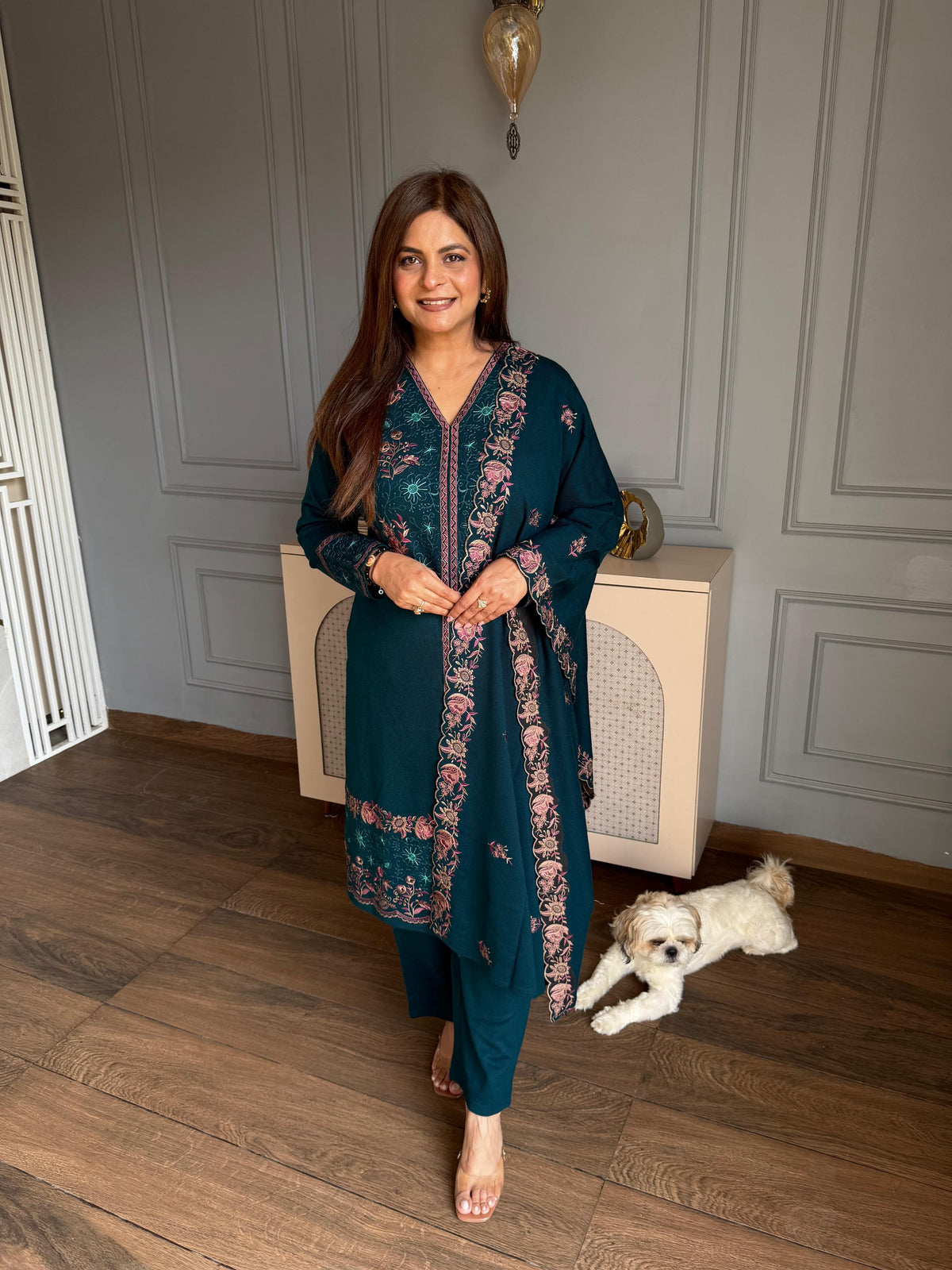 Beautiful embroidered 3 piece woollen shawl suit (Lara)