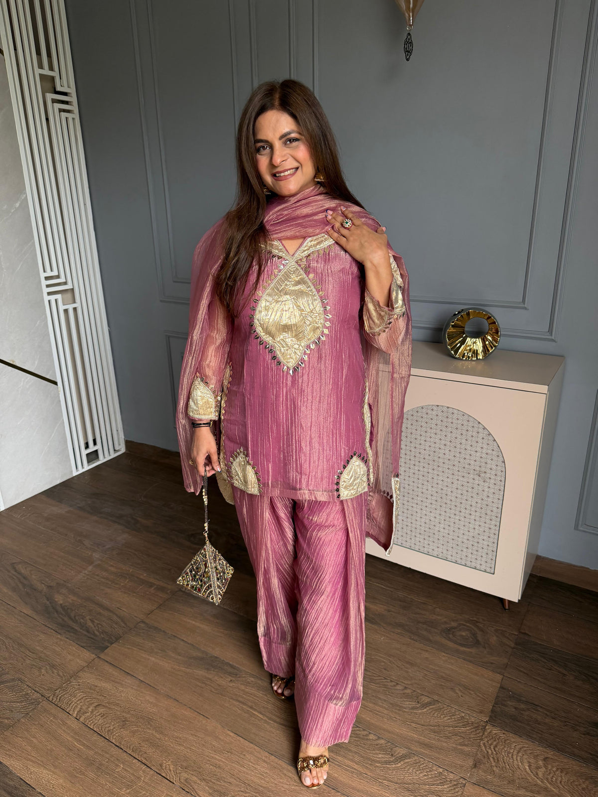 (Shruti) Crush tissue suit with beautiful work on shirt and dupatta