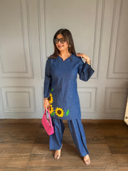 Farshi salwar cotton denim embroidered co-ord set (Sartaj)