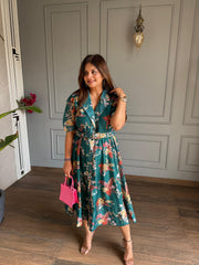 Imported fabric floral print calf length dress (Grapes)
