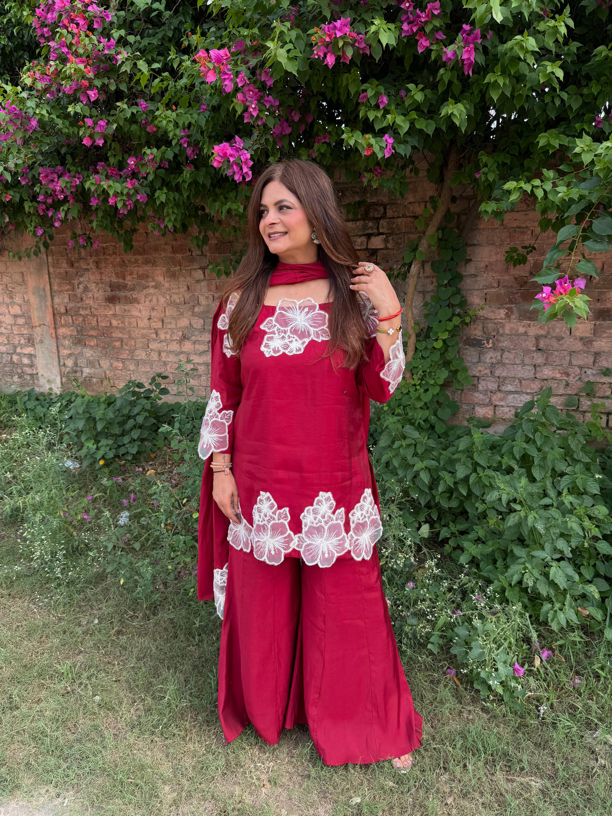 Beautiful mul chanderi suit with patch work detailing and kalidaar pants and full lined suit (Reshma)
