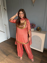 Beautiful hand embroidered suit with beautiful detailing on neck sleeves and ghera (Tanisha)