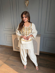 Khadi cotton hand embroidered suit with purse (Ashvi)