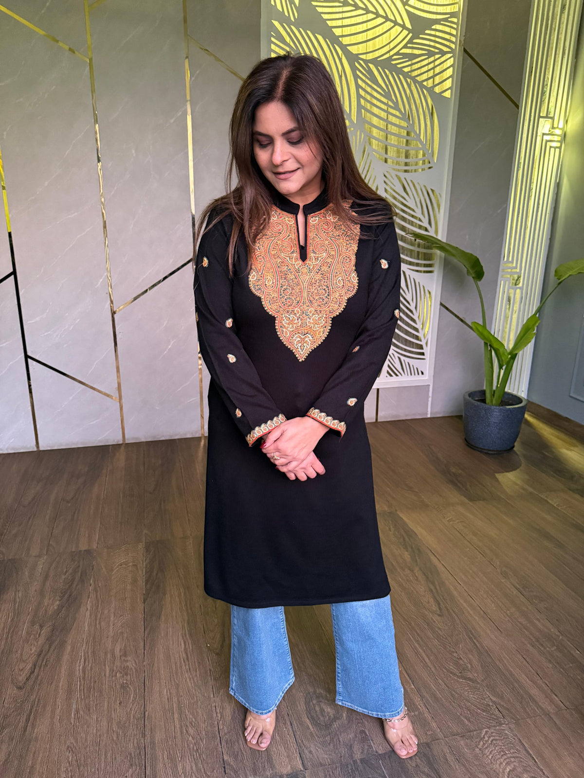 Stylish new long pattern embroided woollen kurti (Sanya)