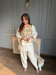 Khadi cotton hand embroidered suit with purse (Ashvi)