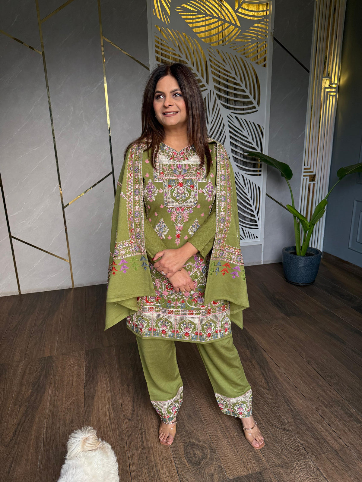 Woollen 3 piece embroidered farshi salwar shawl suit (Charm)