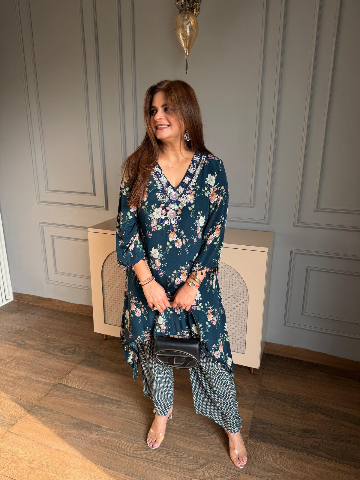 Beautiful real mirror detailing crepe co-ord set with lining on shirt (Sharvari)
