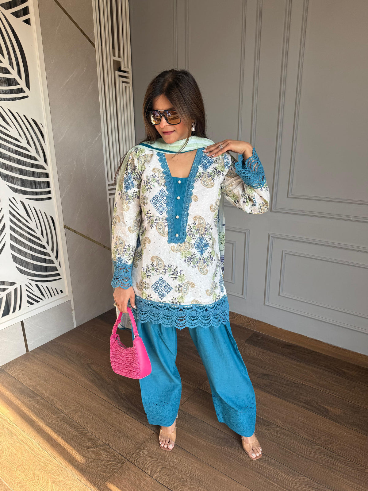 Pure cotton schiffli farshi salwar suit with cotton lining on shirt (Ananta)