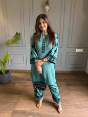 Embroided 2 piece woollen co-ord set with embroidered pants (Falak)