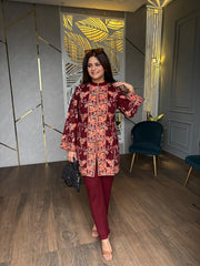 Kashmiri embroided woollen 2 piece co-ord set (Papaya)