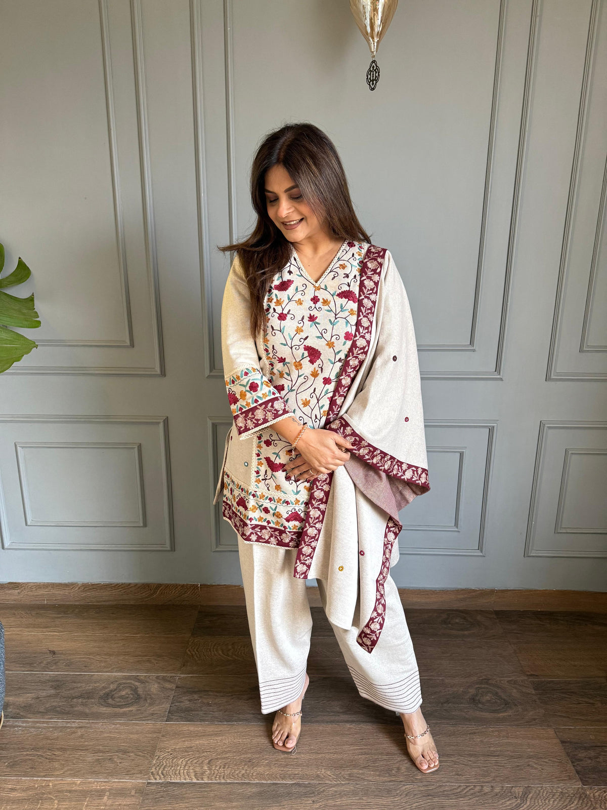 Most premium soft knitted wool embroided shawl suit (Ananya)