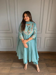 Mul chanderi cotton a line embroidered suit (Palak)