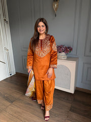 (Shazahn) Corduroy velvet farshi salwar suit with embroided dupatta