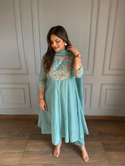 Mul chanderi cotton a line embroidered suit (Palak)