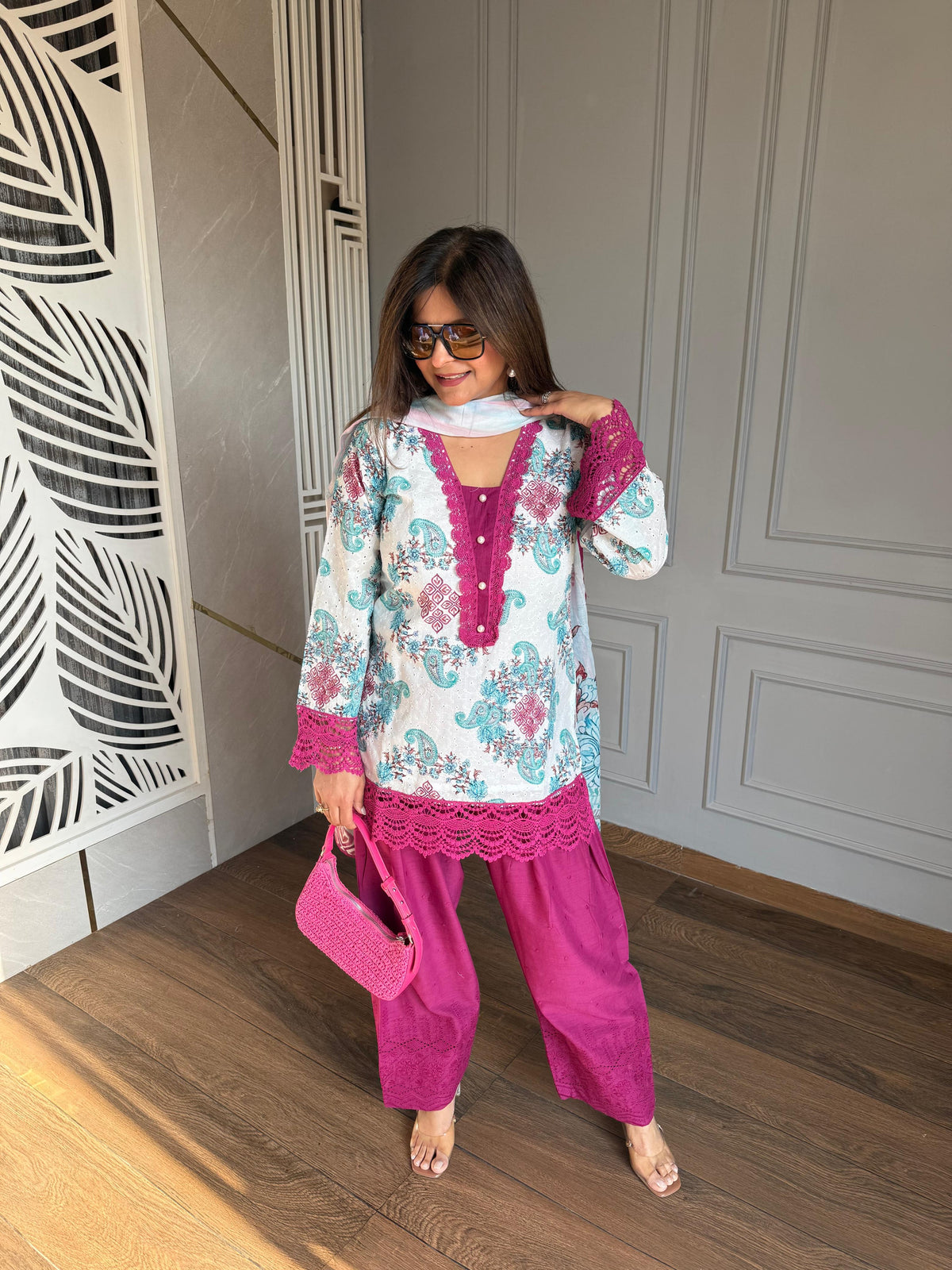 Pure cotton schiffli farshi salwar suit with cotton lining on shirt (Ananta)