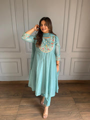 Mul chanderi cotton a line embroidered suit (Palak)