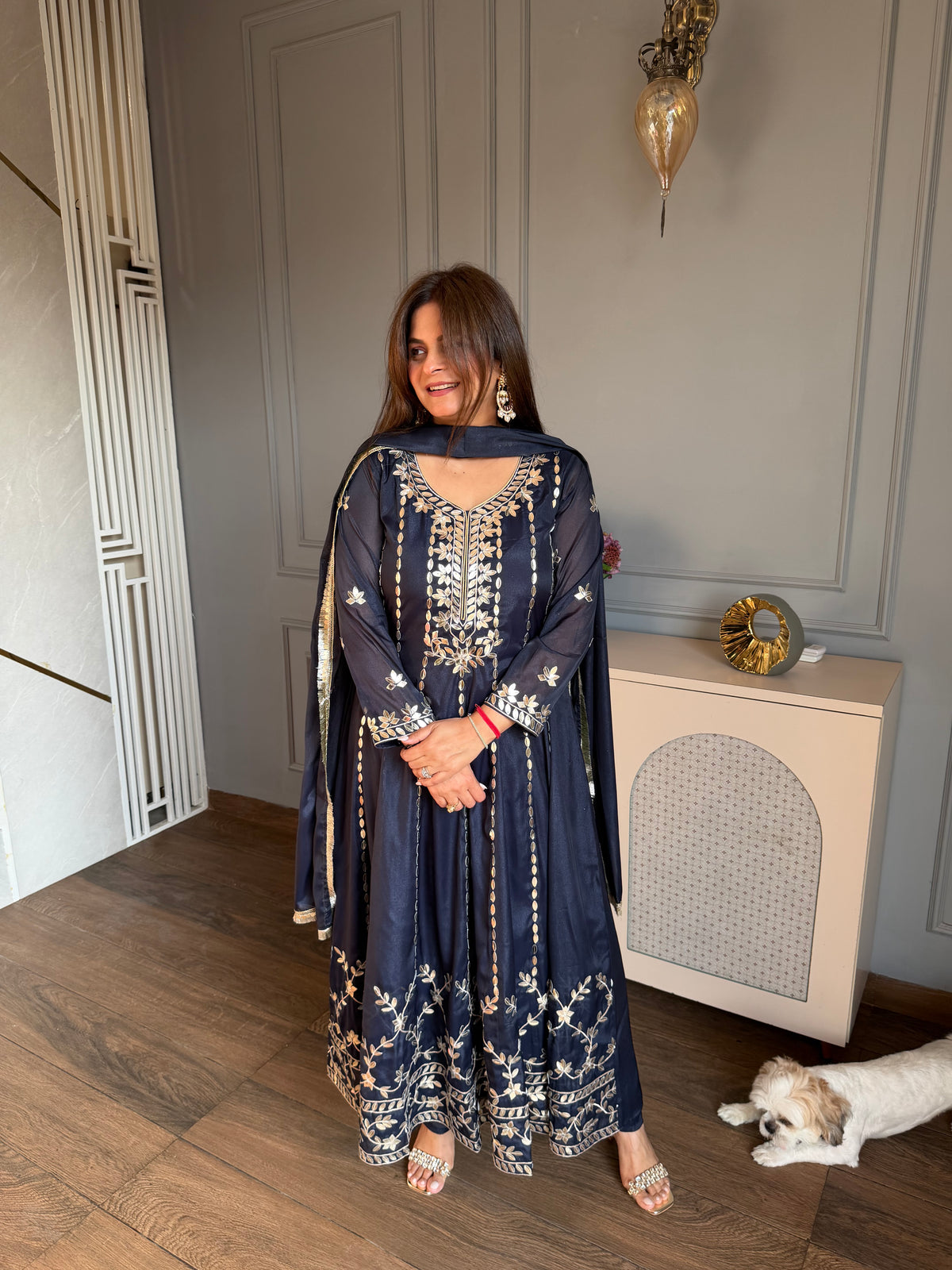 Beautiful long length anarkali suit with leather work detailing (Mansha)
