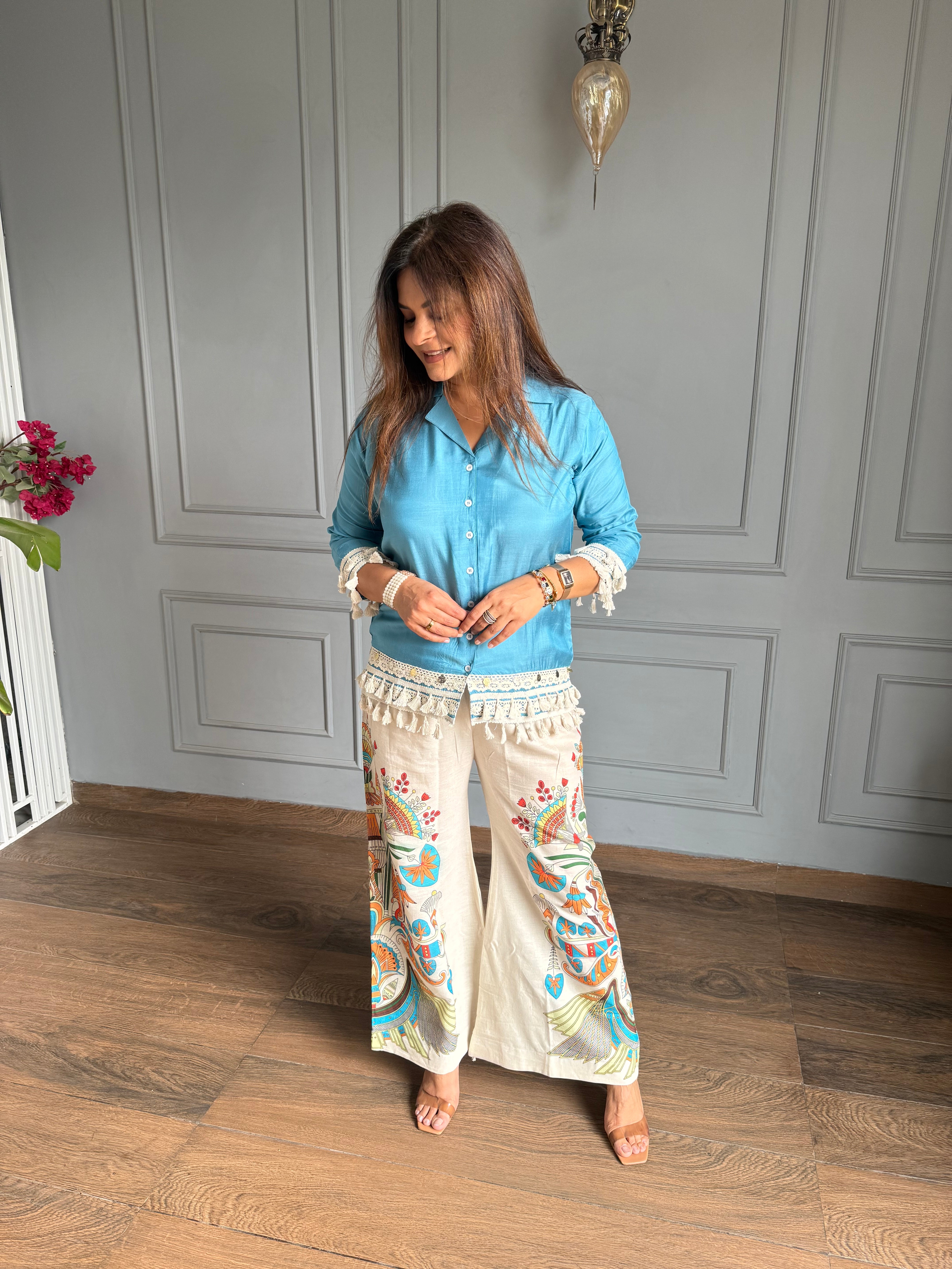 Crepe shirt with lining and printed cotton pants co-ord (Liza)