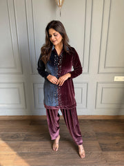 Silky velvet mirror hand work dual coloured co-ord set (Peacock)