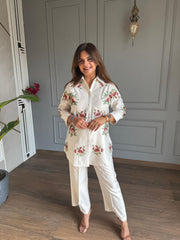 Imported linen rose embroided co-ord set (Litchi)