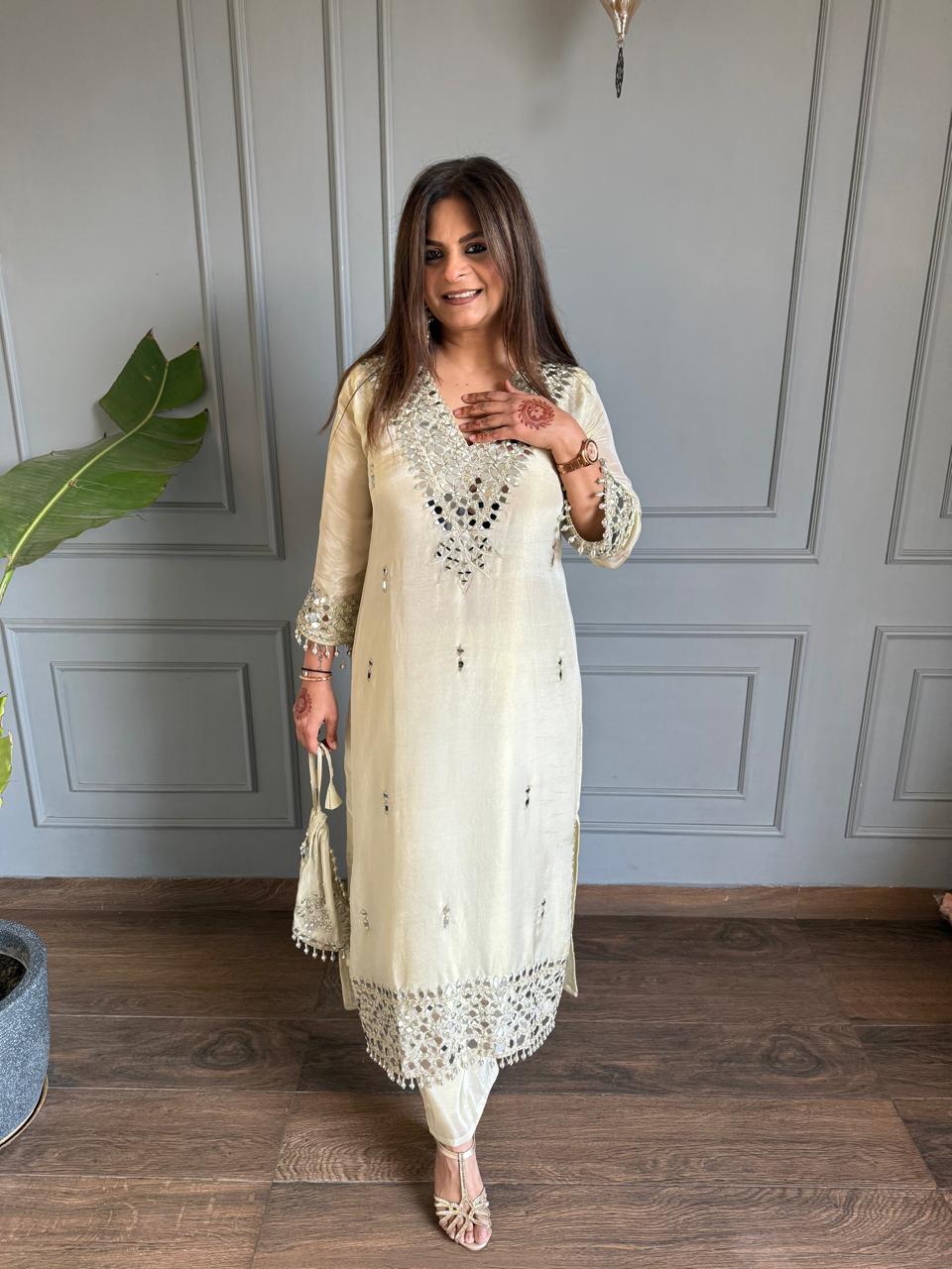 Real mirror work tissue potli long shirt co-ord set (Sahher)