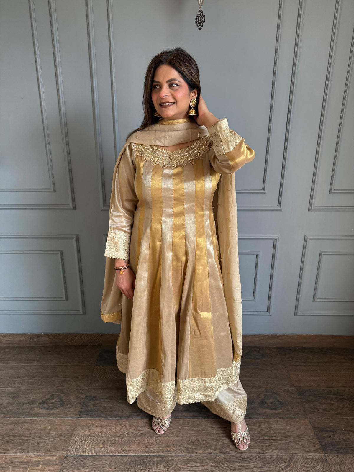 Pure tissue Kalidaar Anarkali formal suit with lining and full embroidered dupatta (Pharoah)