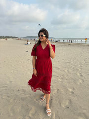 Imported linen cotton calf length dress (Cherry)