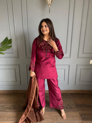 Corduroy velvet 3 piece embroidered shawl suit (Shinam)