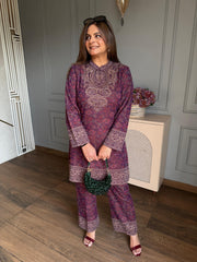 (Saira) Knitted woollen co-ord set with neckline work
