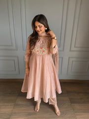 Mul chanderi cotton a line embroidered suit (Palak)