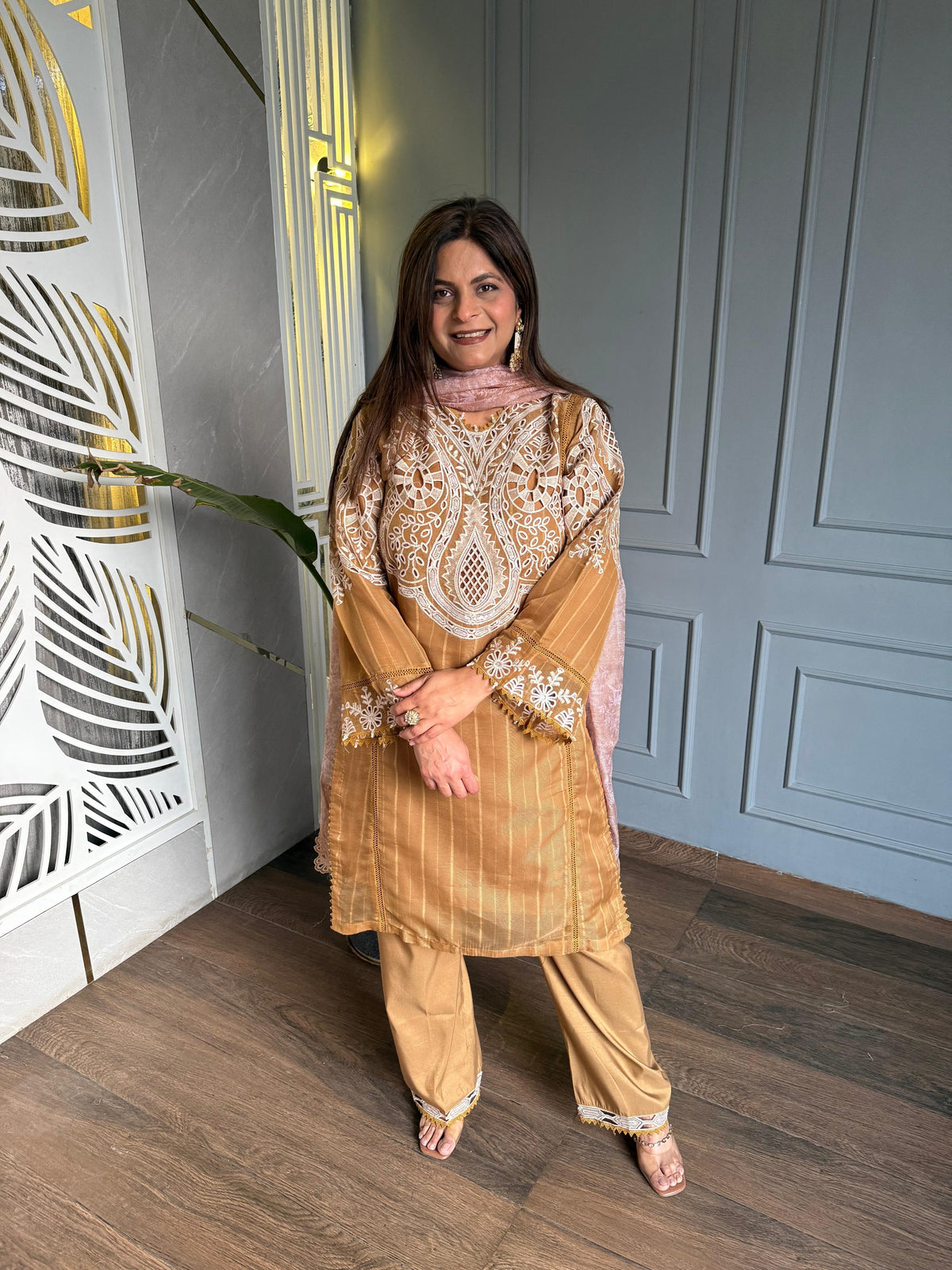 Pakistani stylish net tissue suit with beautiful embroidery detailing and cut work on shirt and dupatta (Bliss)