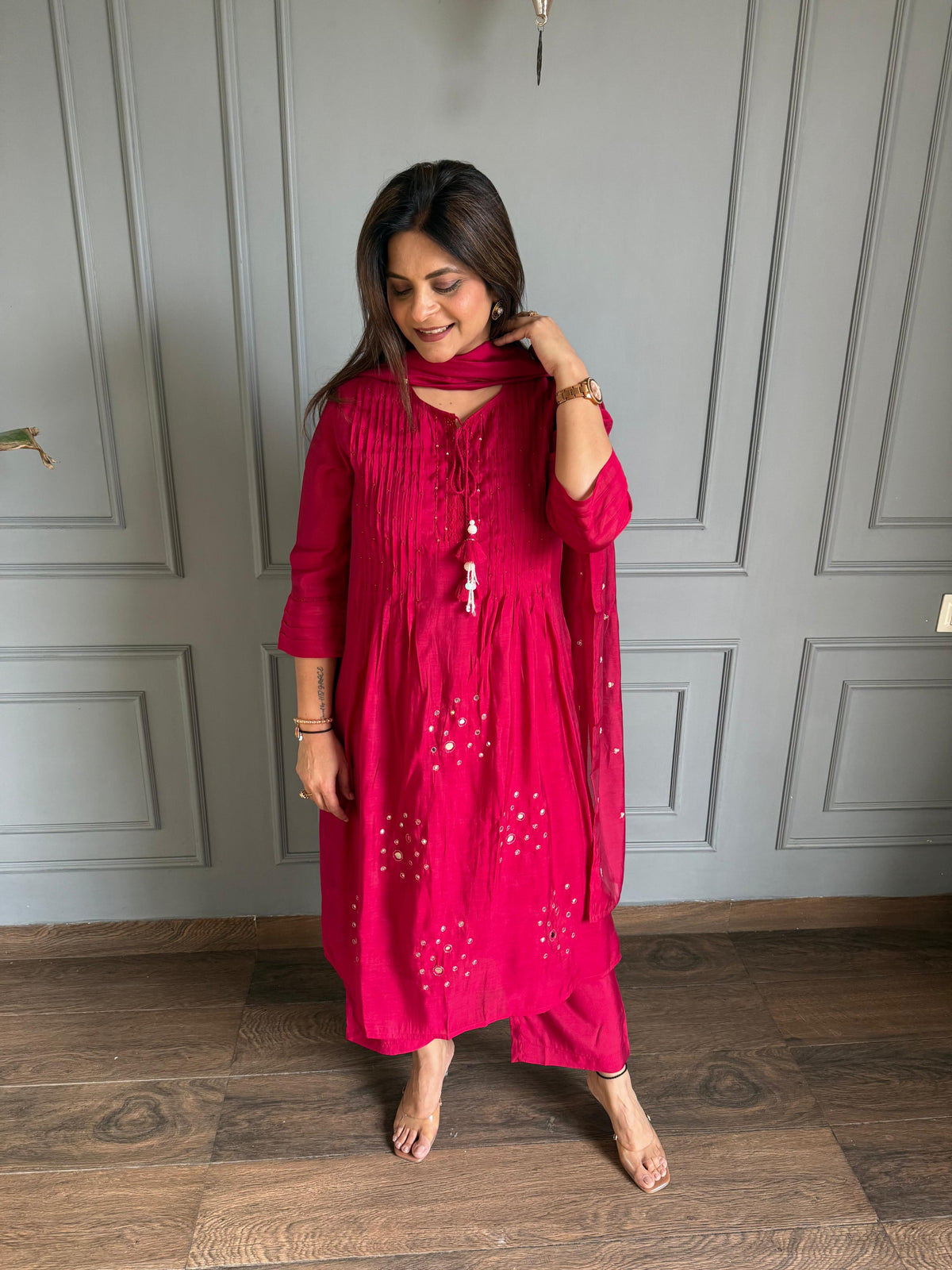 Beautiful semi formal mul chanderi suits with real mirror work (Sunanda)