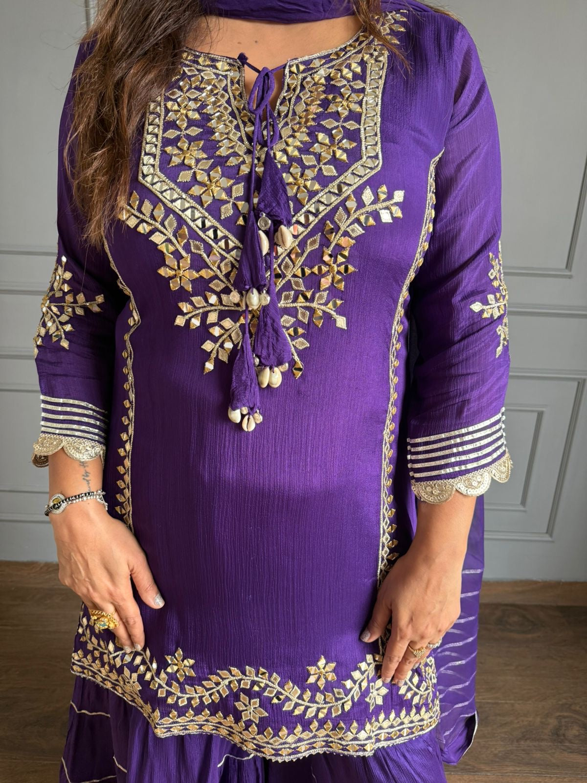 Pure chinnon hand work mirror grara suit with full chiffon dupatta (ishq)