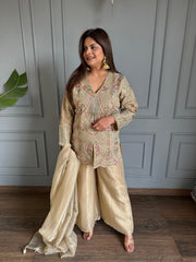 Crushed tissue hand embroidered short length suit with crushed tissue dupatta (Erica)