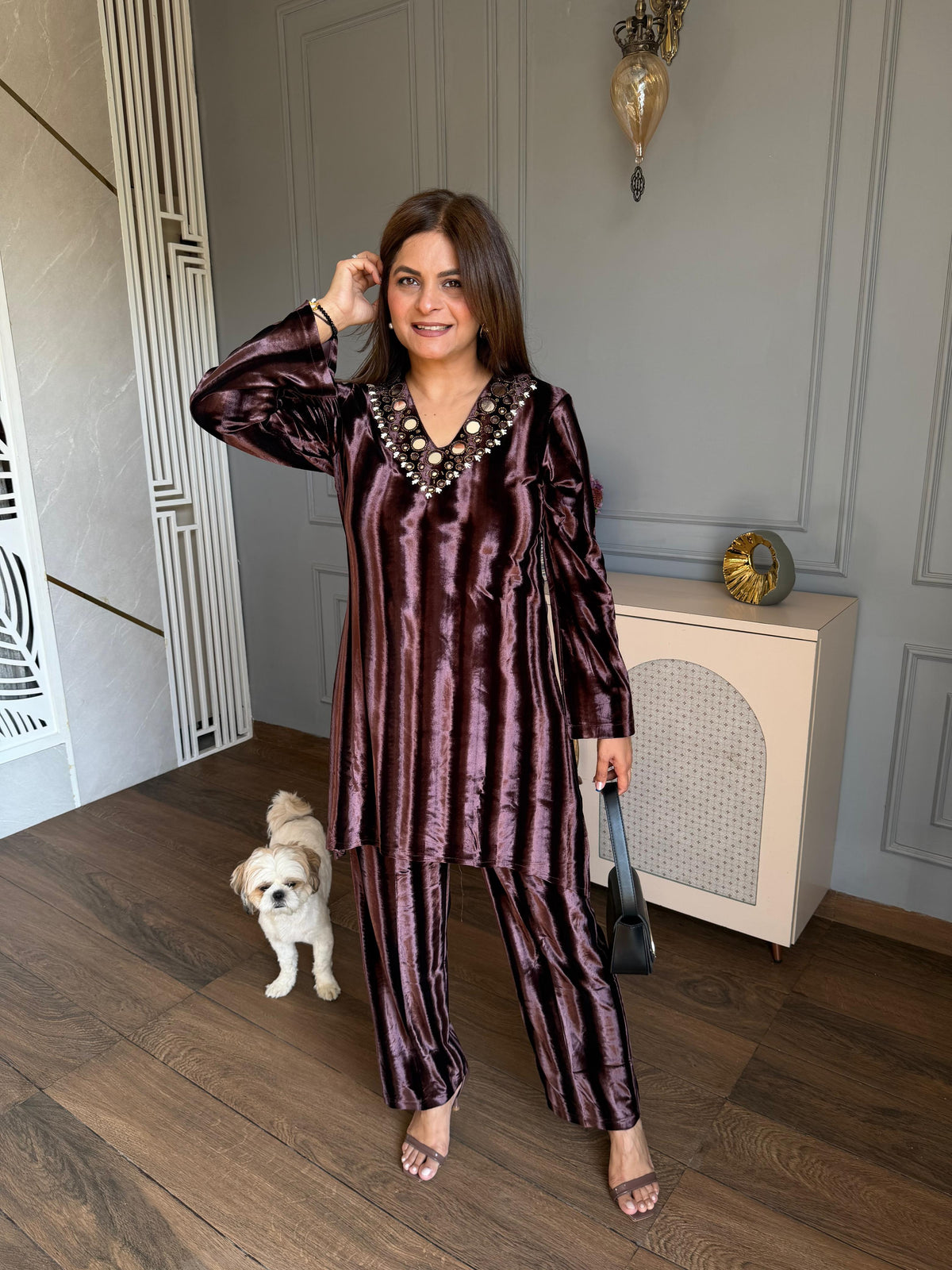 Shadow effect woollen velvet co-ord set with mirror detailing (Mishti)