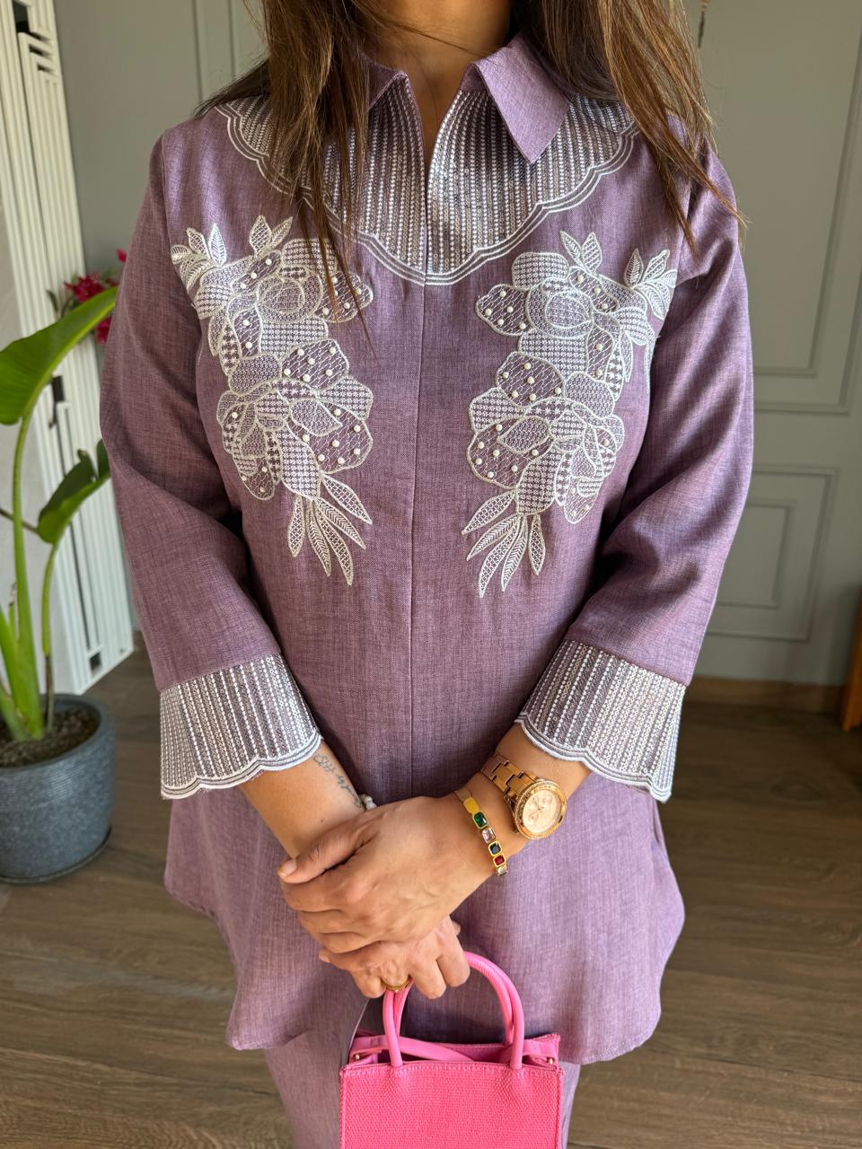 Linen cotton sequenced embroided co-ord set