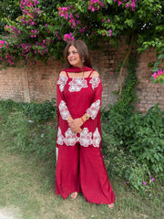 Beautiful mul chanderi suit with patch work detailing and kalidaar pants and full lined suit (Reshma)