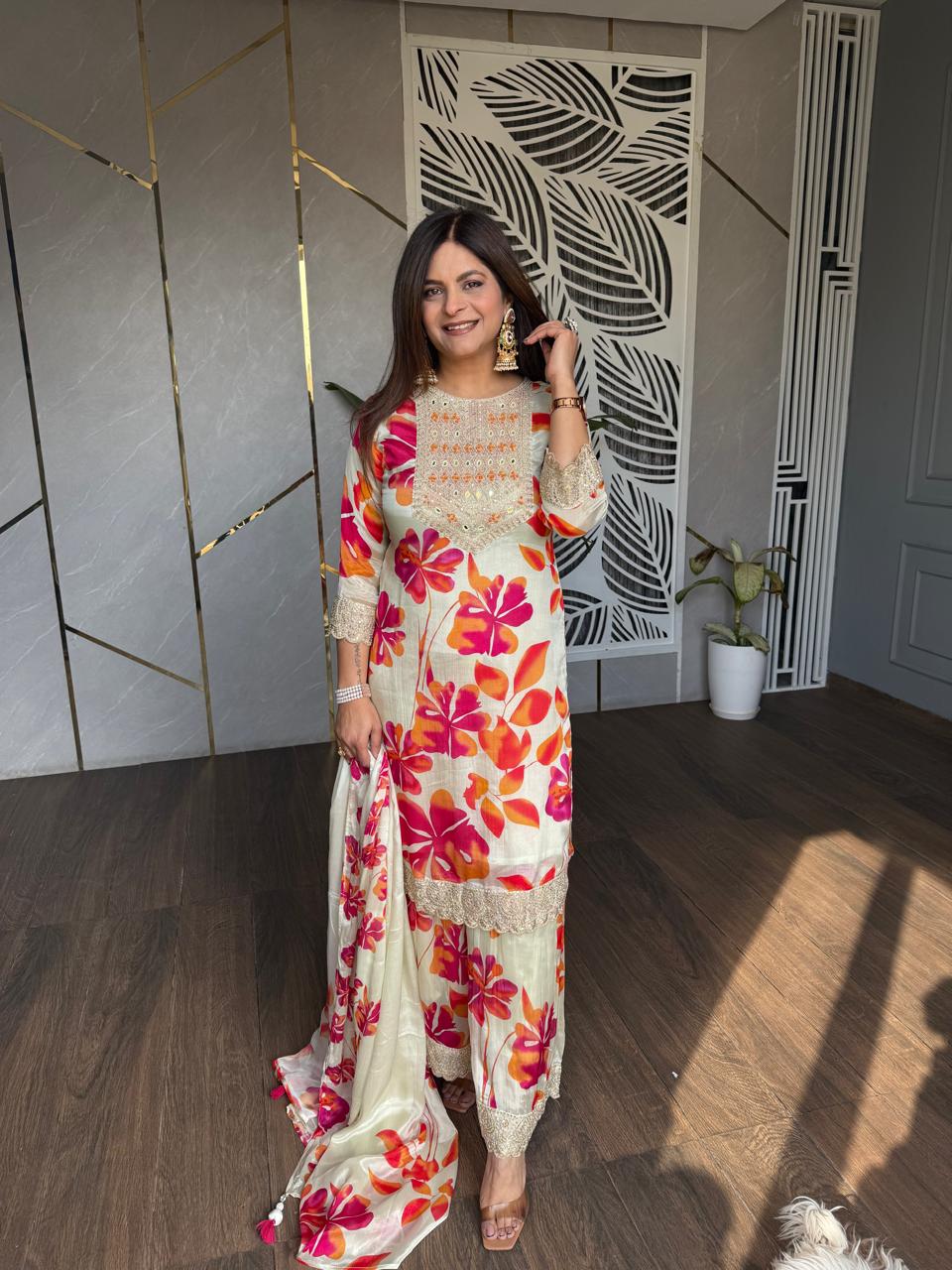 FLORAL MUSLIN GARARA SUIT WITH FULL MUSLIN DUPATTA