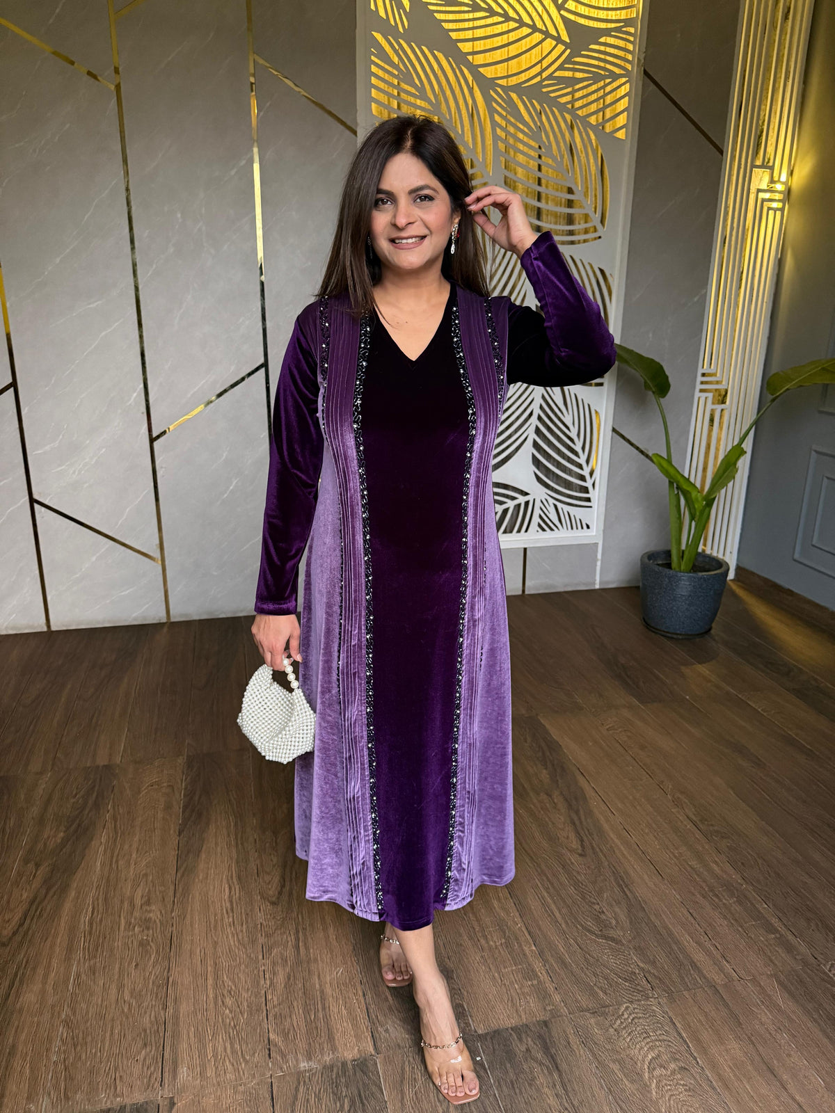 Dualtone velvet plinted embroidered dress (Jennifer)