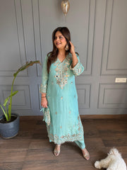 New tissue long co-ord set with cotton lining and with potli (Kimara))