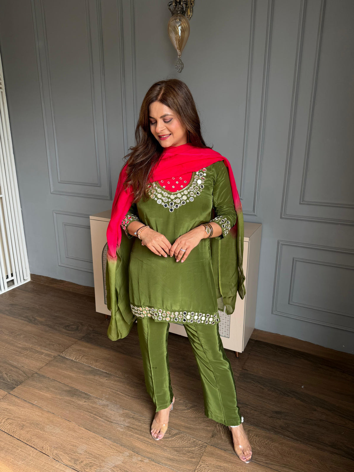 Pure crepe 4 piece real mirror detailing festive suit for Rakhi with embroidered bustier (Charu)