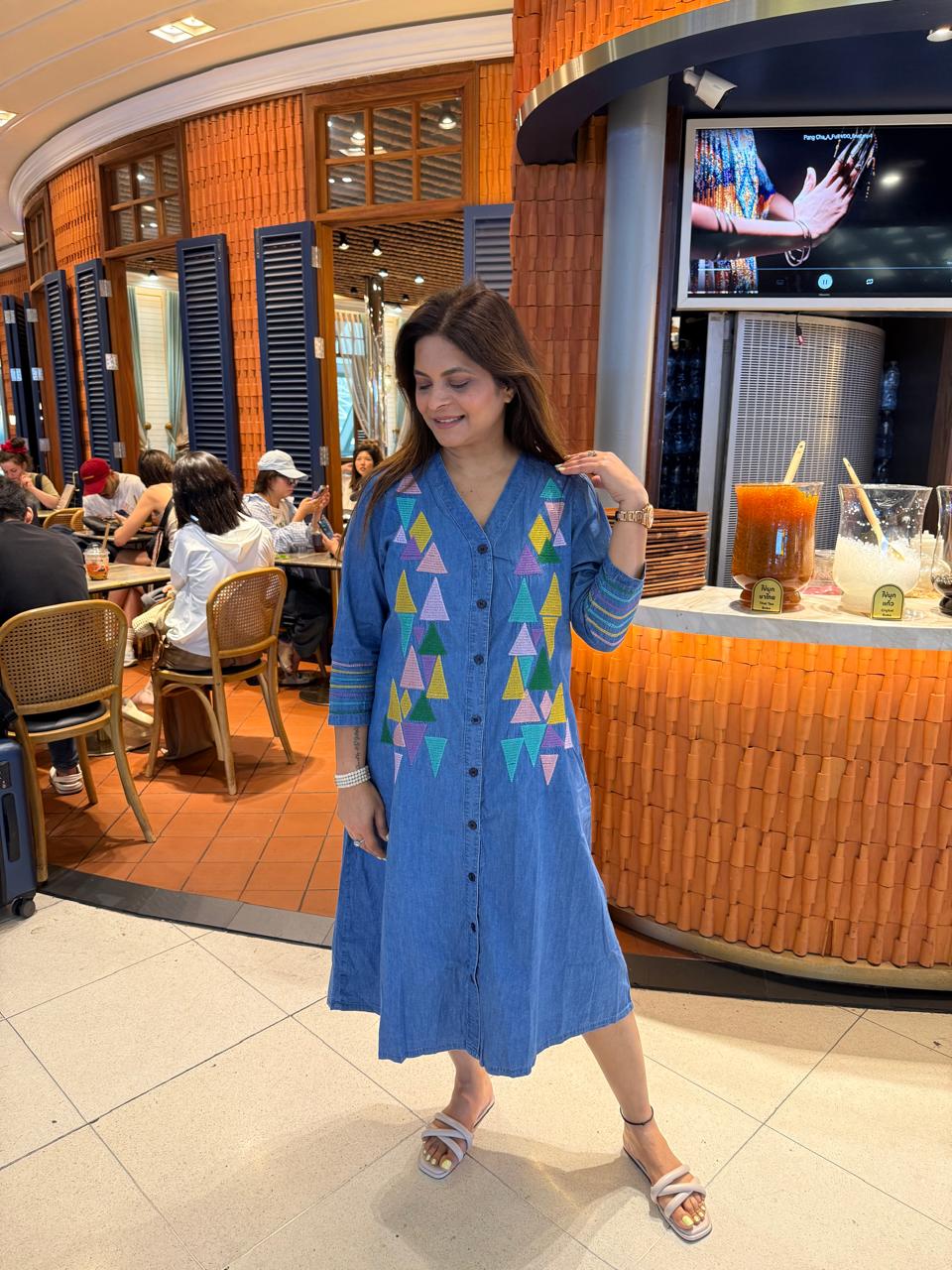 DENIM EMBROIDED CALF LENGTH DRESS (SAADGI)