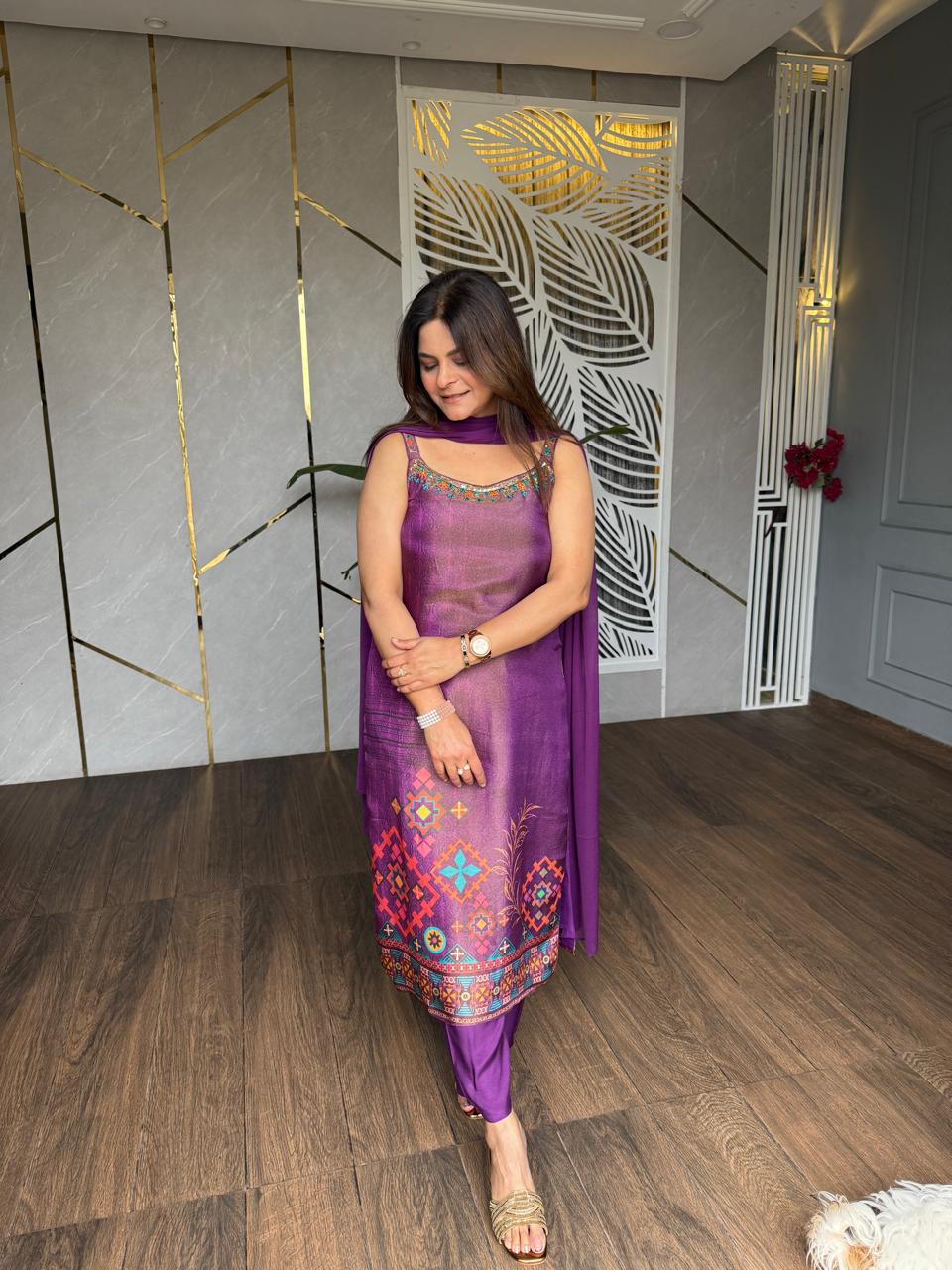 Hand embroided tissue silk suit